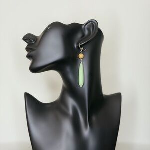 Green Sea Glass Drop & Natural Yellow Stone Bead Dangle Earrings